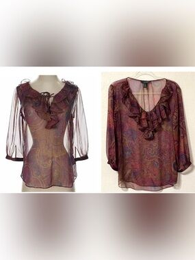 Lauren Ralph Lauren Plum Paisley Ruffle Long Sleeve Blouse Versatile Staple XL